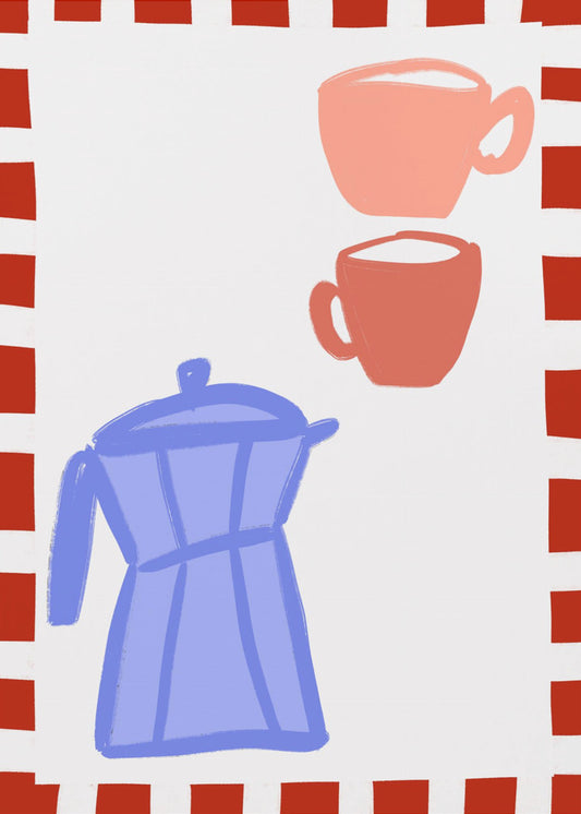 Minimalistische blauwe koffiepot en twee roze kopjes | Canvas