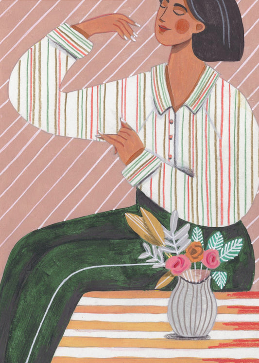 Vrouw in strepen shirt en groene broek | Canvas
