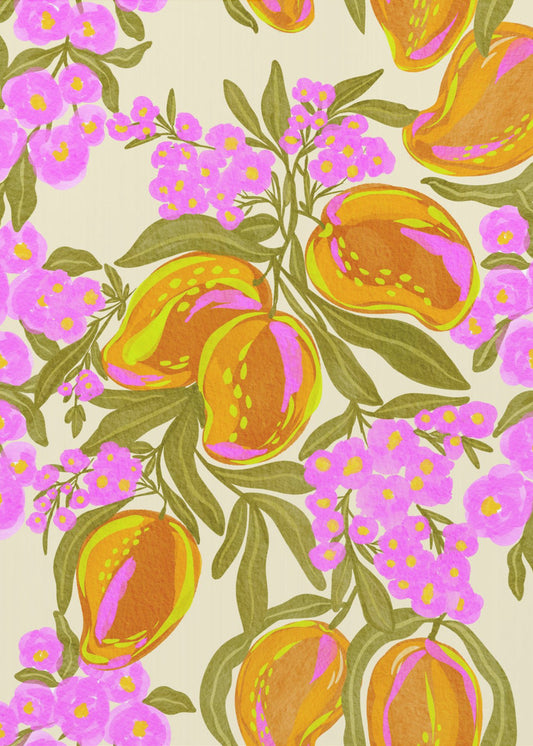Tropisch thema met weelderige mango's en bloemen | Canvas