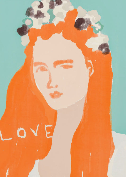 Vrouw met oranje haar versierd met bloemen | Canvas