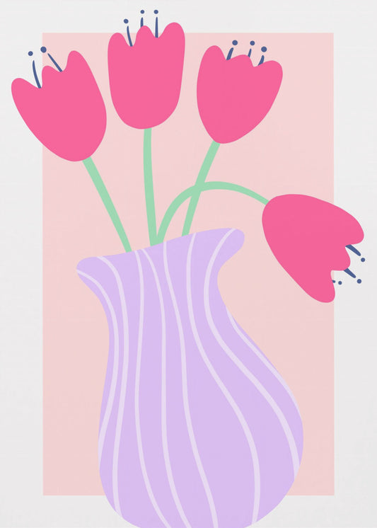 Levendige tulpen in een gestreepte lavendelvaas | Canvas