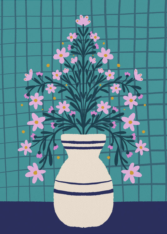 Turquoise bloemen in een vaas | Poster