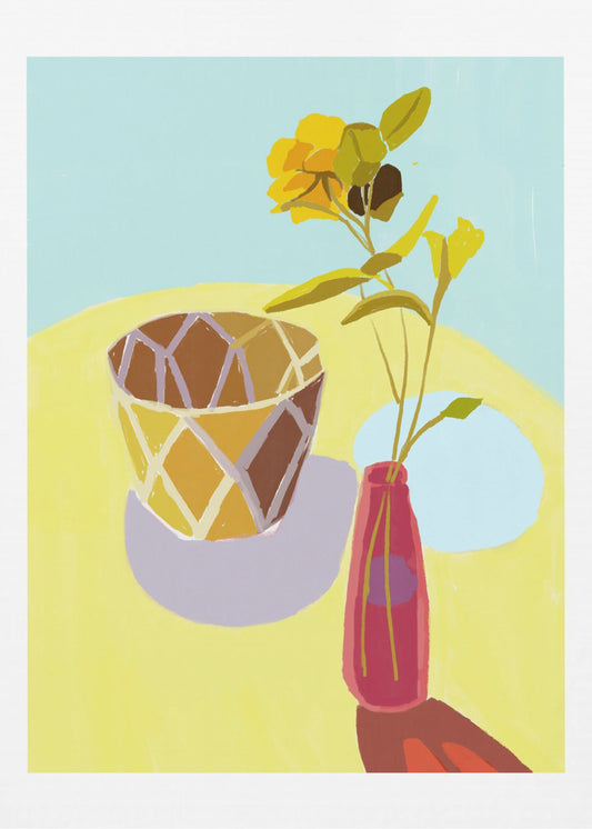 Gele bloemen in een rode pot | Poster