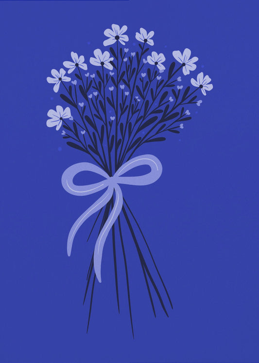 Bloemenboeket met strik - monochroom blauw | Canvas