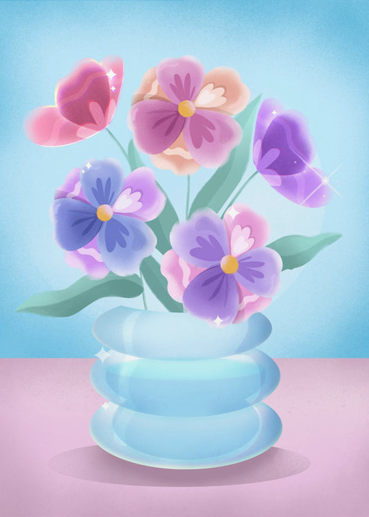 Bloemblaadjes in blauwe vaas | Poster