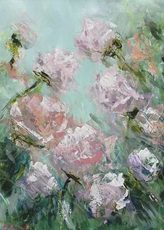 Bloemenpenseelstreken in roze en groen | Canvas