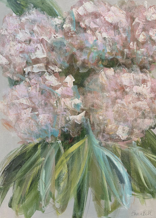 Roze hortensia's met groene bladeren | Canvas