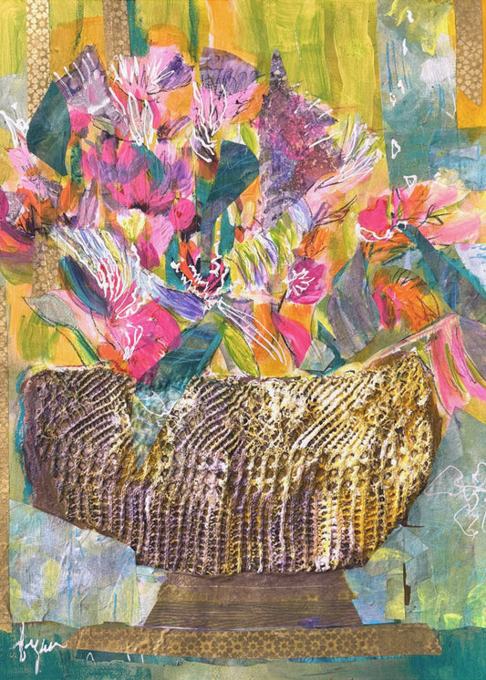 Gouden mand met kleurrijke bloemen | Canvas