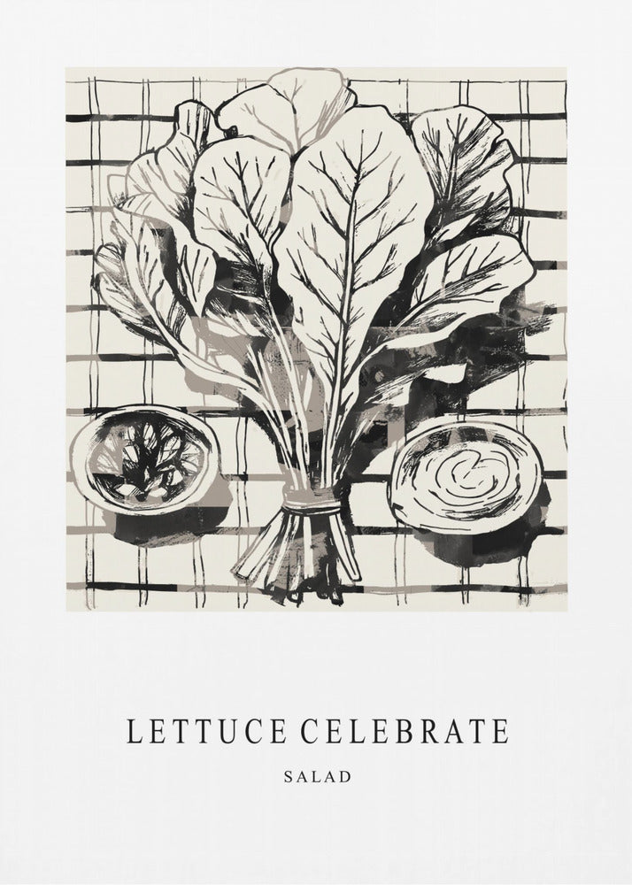 Zwart-witte inktillustratie van salade-ingrediënten | Canvas