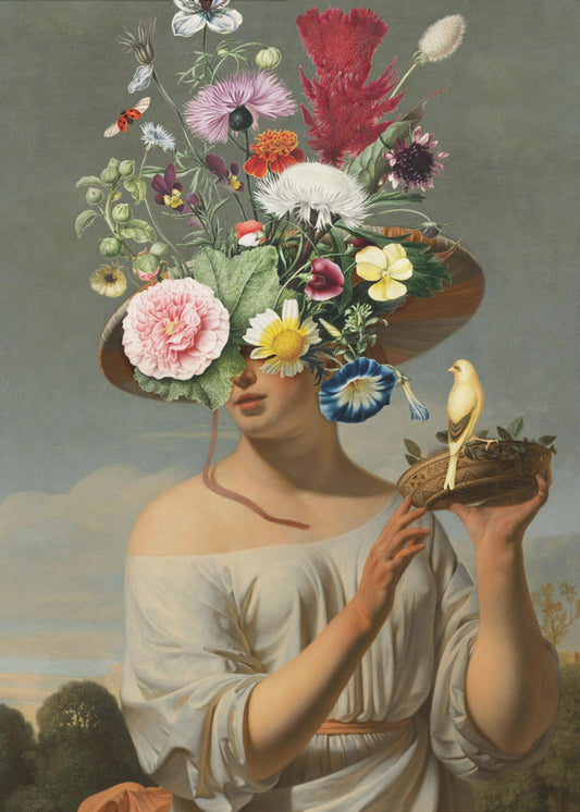 Vrouw met grote bloemenhoed | Canvas