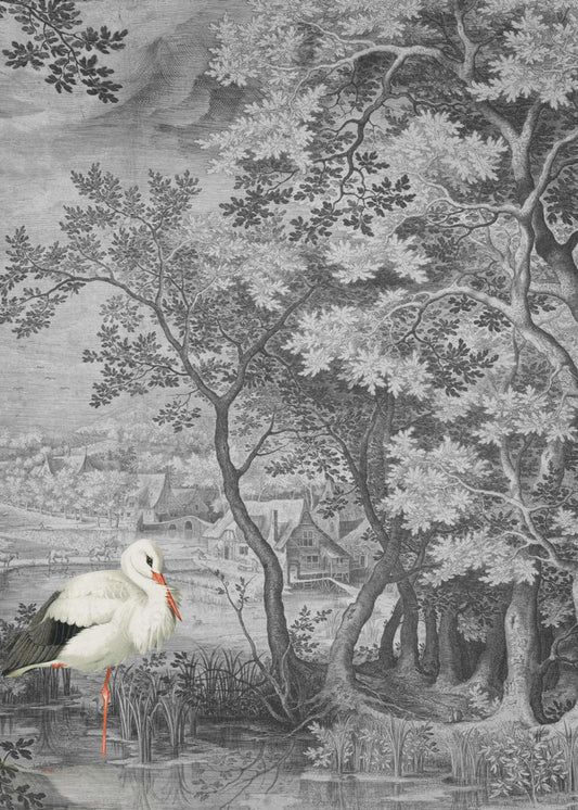 Vintage landschap met ooievaar | Canvas