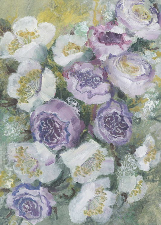 Bloemencompositie met witte en paarse bloemen | Canvas