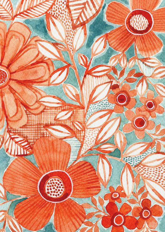 Rode madeliefjes met aqua | Canvas