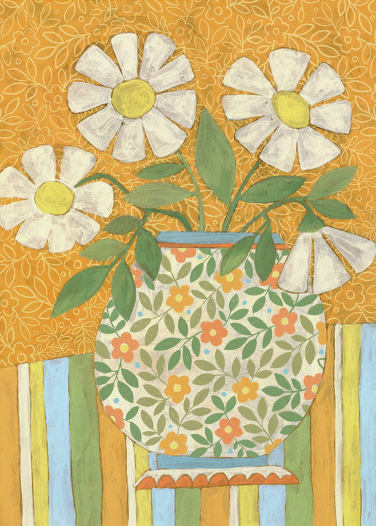 Witte madeliefjes in een vaas met patroon | Canvas