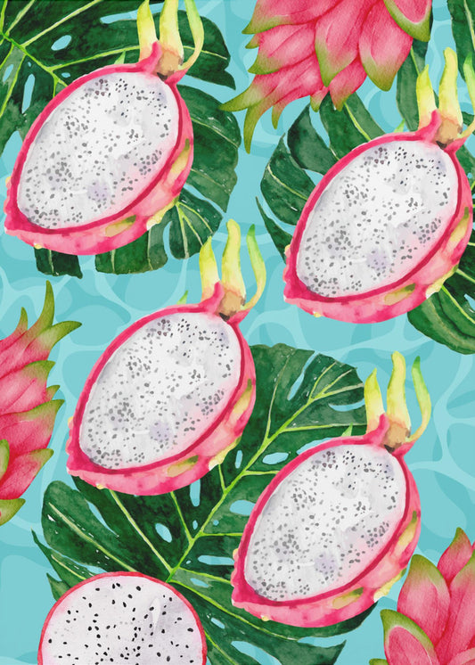 Levendig drakenfruit- en monsterabladerenesthetisch patroon - Exotische tropische aquarel | Canvas