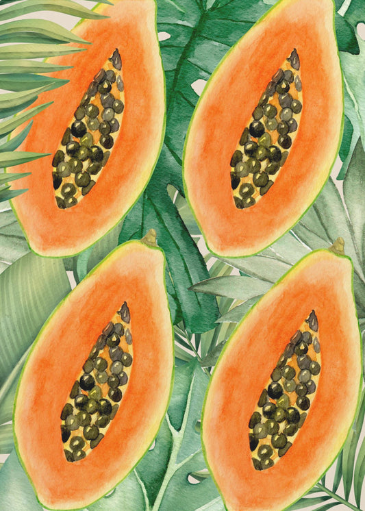 Exotische papaja en weelderige groene bladeren esthetisch patroon - Tropische botanische aquarel | Canvas