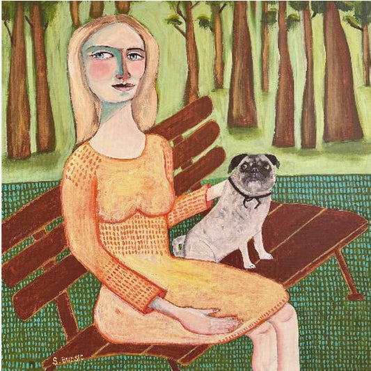 Dame met hond Mopshond | Canvas